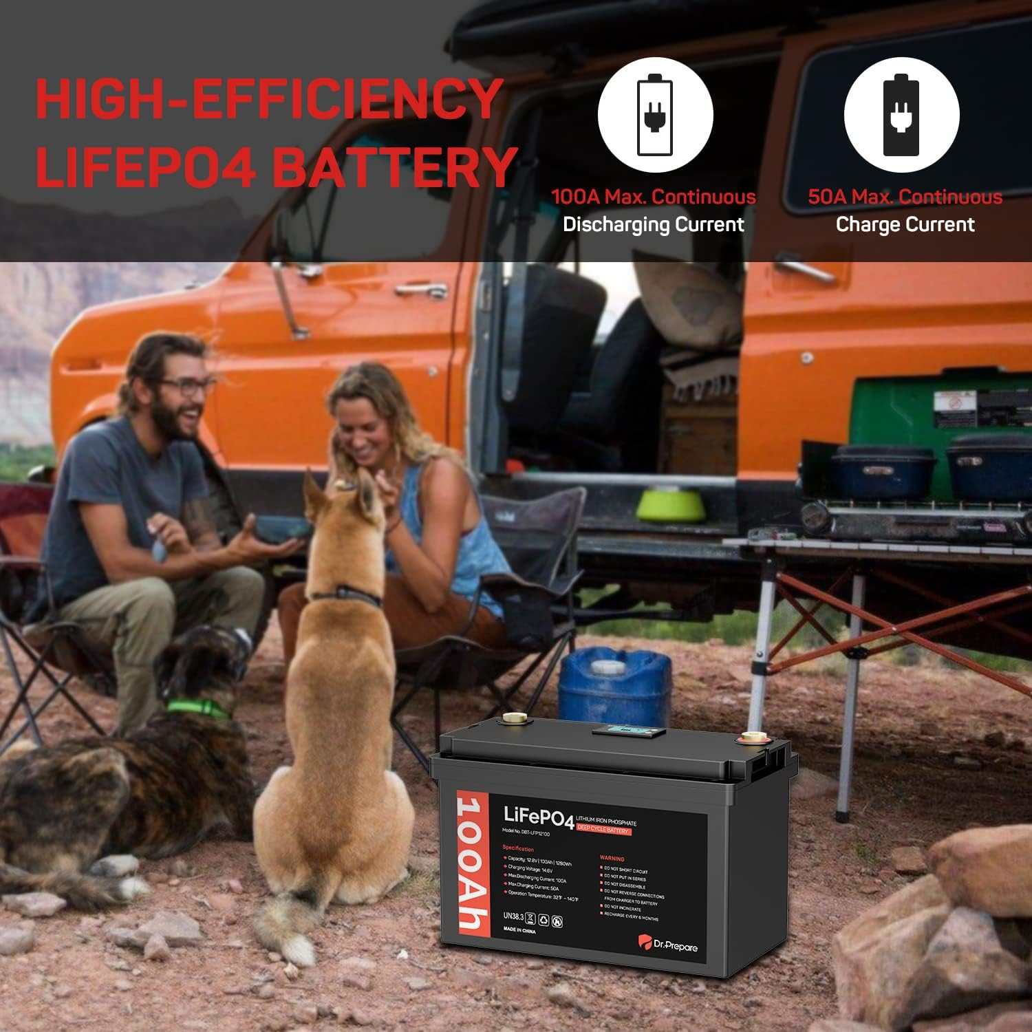 Dr. Prepare 12V 100Ah LiFePO4 Lithium Deep Cycle Battery with Monitor Screen, Rechargeable Lithium Iron Phosphate Battery, Built-in 100A BMS, Perfect for RV, Solar Power, Off-Grid Applications