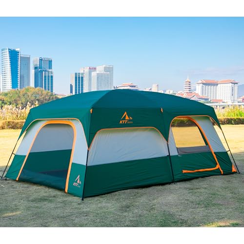 KTT Extra Large Tent 10-12-14 Person(Style-B),Family Cabin Tents,2 Rooms,3 Doors and 3 Windows with Mesh,Straight Wall,Waterproof,Double Layer,Big Tent for Outdoor,Picnic,Camping,Family Gathering