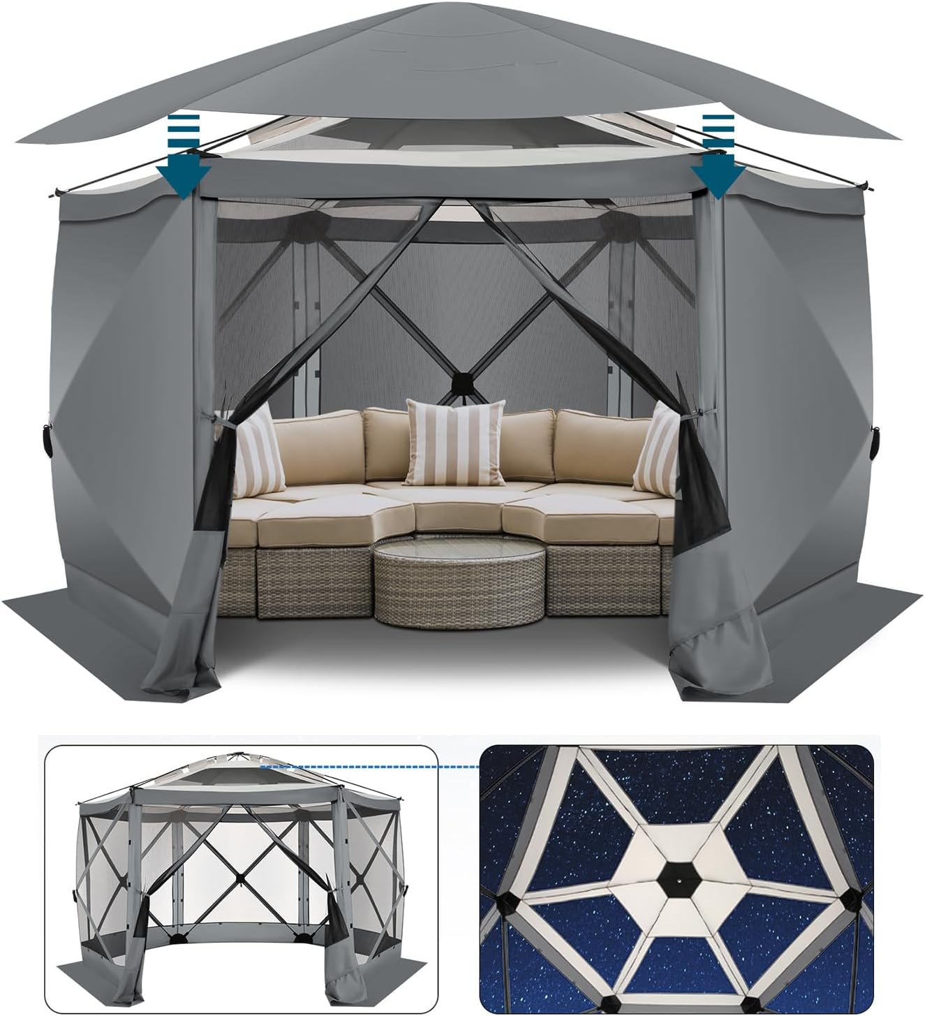 COBIZI Pop up Gazebo Screen Tent Screen House for Camping, 12x12ft Screen Room with Removable Roof, Outdoor Screened gazebo with Sidewalls, Portable Hub Tent with Carrying Bag and Ground Stakes, Grey