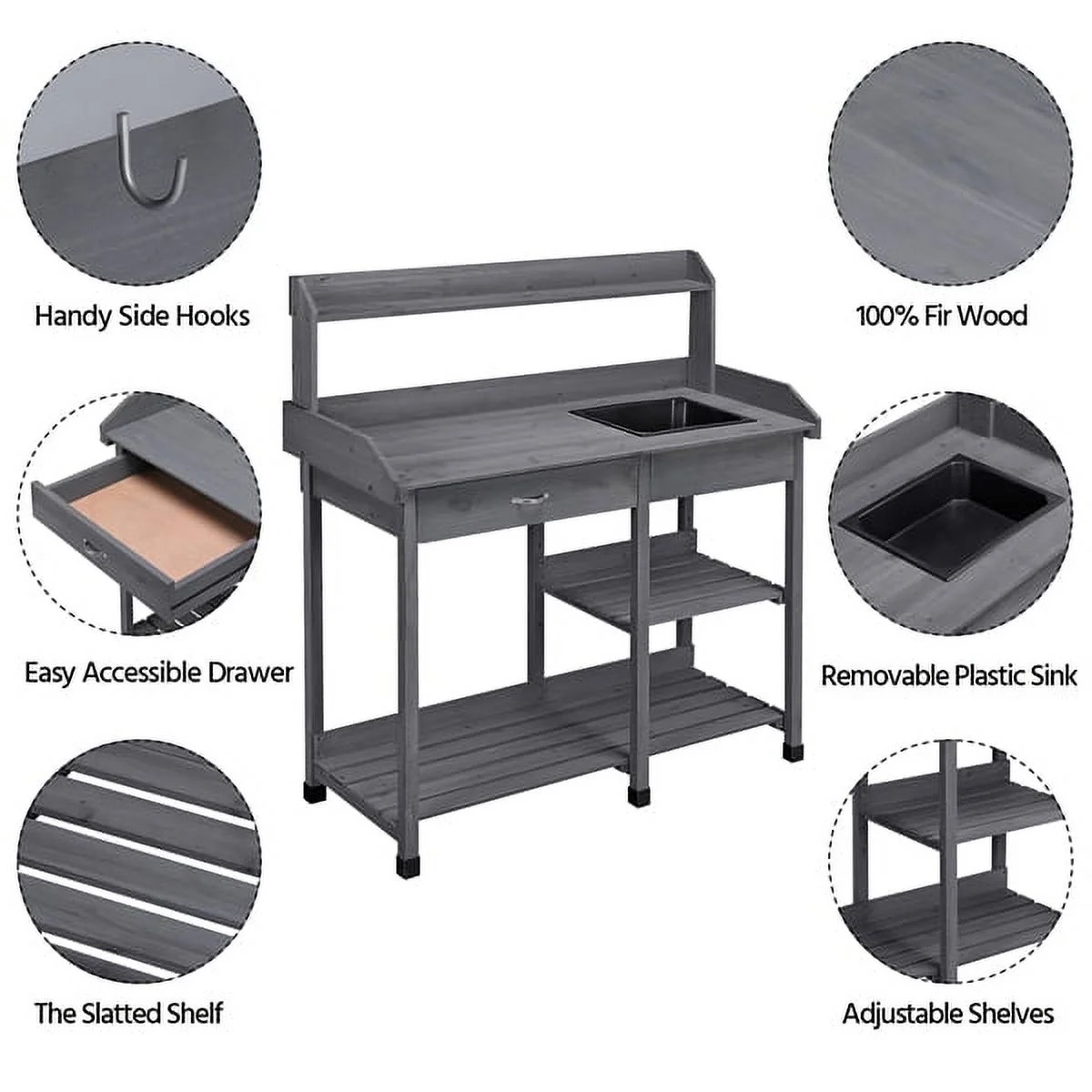 SmileMart Wooden Garden Potting Bench Work Bench Station Planting Bench with Sink Drawer Rack