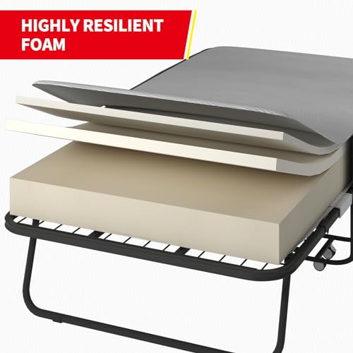 MUZZ Folding Bed with 5" Memory Foam Mattress,Rollaway Bed with Headboard for Adults, Portable Foldable Bed with 4 Lockable Wheels and Metal Frame for Living Room,Guest Room (75" x 31")