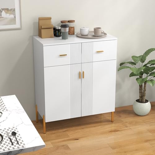 2 Door Sideboard Floor Storage with 2 Drawers and Shelves Buffet Cabinet Perfect for Living Room, Kitchen, Home Office, Entryway, Elegant White Finish