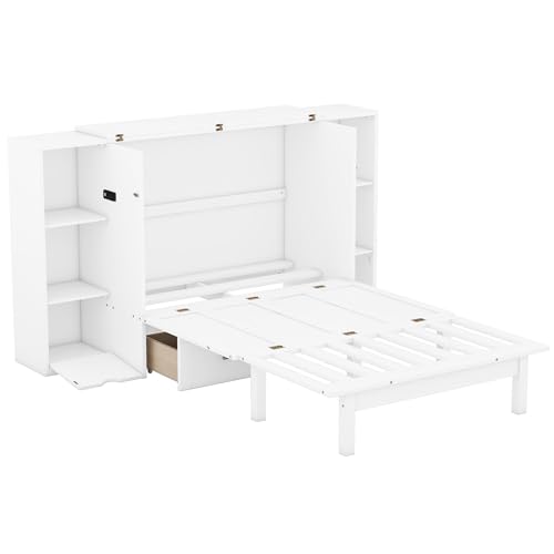 Full Size Murphy Wall Bed With Storage and Bookcase Headboard, Solid Wood Cabinets With Shelves, Drawers and USB Ports, Multi-Function Platform for Home Office, Guest Room - White