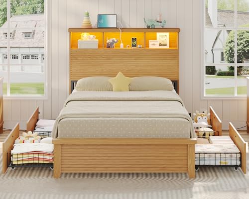 VIAGDO Wood Bed Frame Full Size with 4 Storage Drawers and Charging Station, Fluted Led Full Bed Frame with 2 Tier Storage Headboard, No Box Spring Needed,Wood