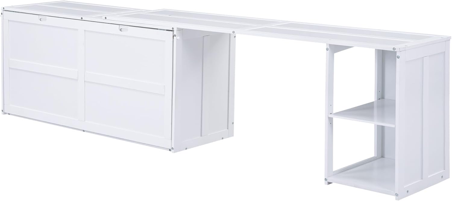 BOVZA Queen Size Murphy Bed with Rotable Desk and Storage Drawers, Cube Cabinet Bedframe for Small Spaces, White