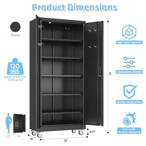 Aobabo Garage Storage Cabinet with Wheels,72" H Metal Storage Cabinet with 2 Doors and 4 Adjustable Shelves for Garage Home, Black,Required-Assembly