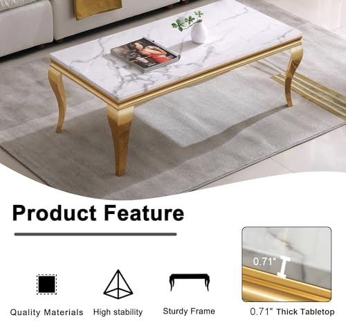 3 Piece Living Room Table Set, White Coffee Table & End Side Table & Console Table, Faux Marble Top Coffee Table Set with Silver S Steel Legs for Home Office, Luxury Home Coffee Table Set of 3
