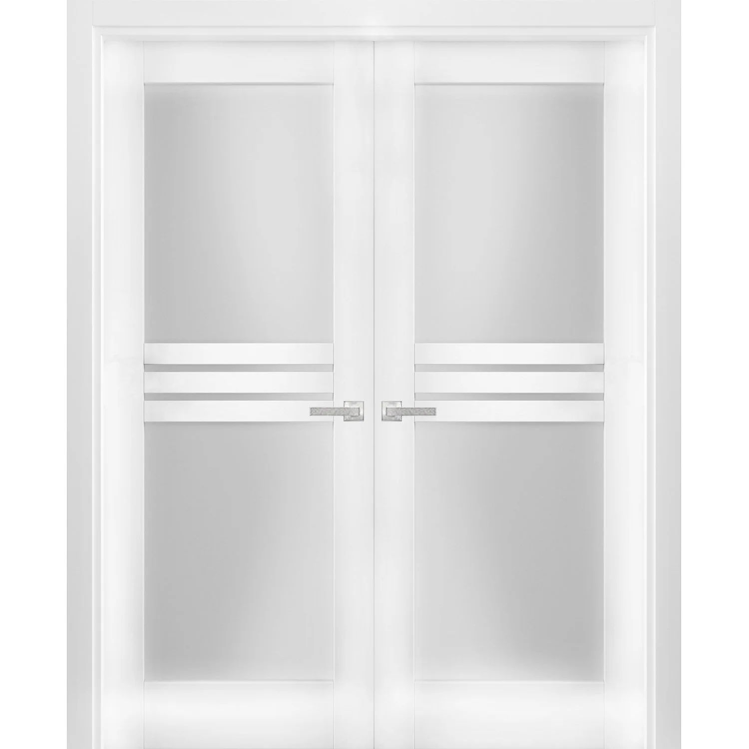 Solid French Double Doors 56 x 84 inches Opaque Glass 4 Lites / Mela 7222 White Silk / Wood Solid Panel Frame / Closet Bedroom Modern Doors
