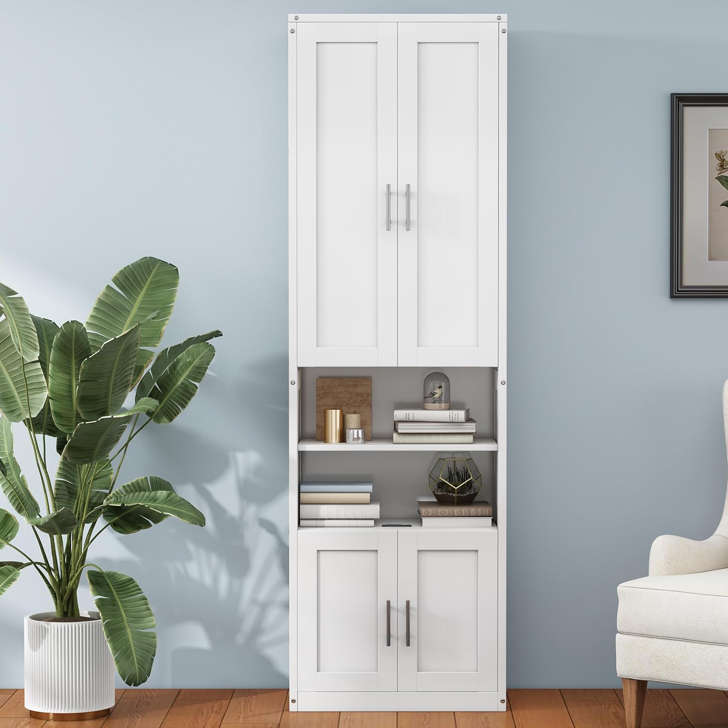 Harper & Bright Designs Full Size Murphy Bed with 2 Side Cabinet Storage Shelves, 61.5-inch Cabinet Bed Folding Wall Bed with Desk Combo Perfect for Guest Room, Study, Office,White
