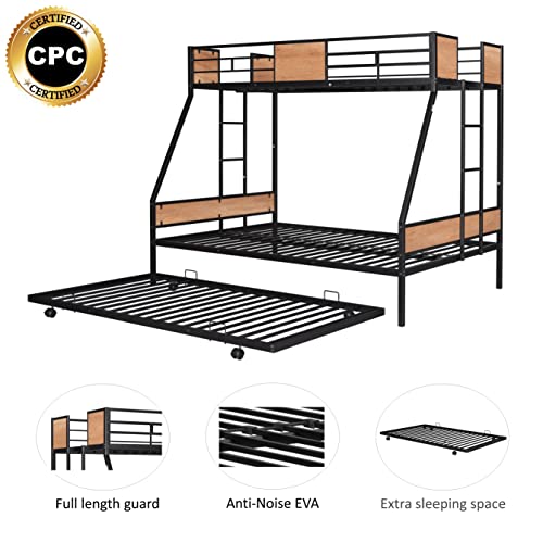 Twin Over Full Bunk with Trundle Metal Bunk Bed Frame with Slat and Guardrail, Black