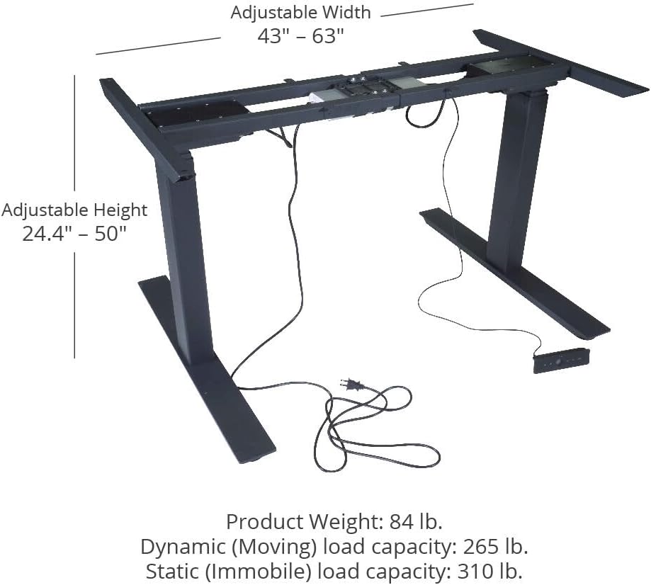 Titan Dual Motor Electric Adjustable Base Height Sit-Stand Standing Desk Frame 50" H 63" W Programmable Buttons