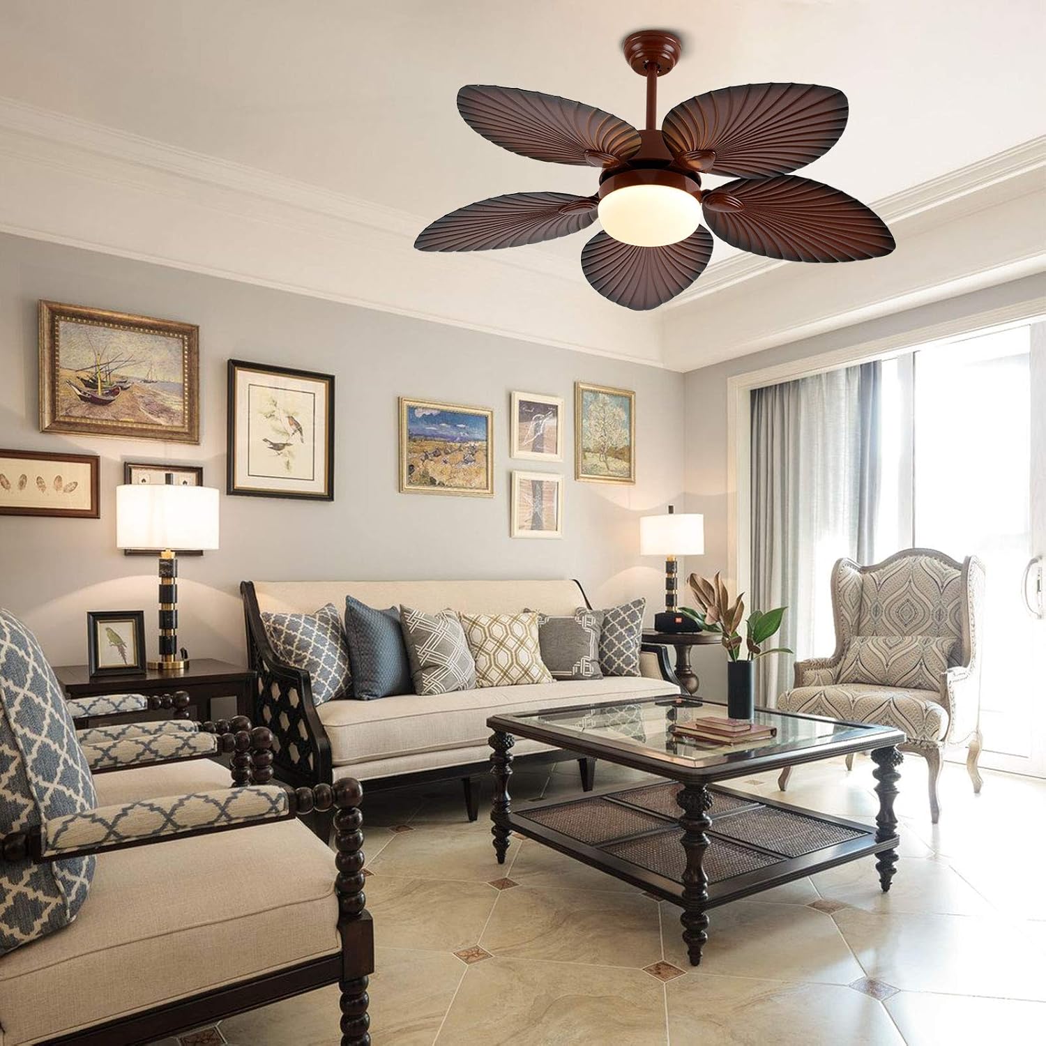 Tropical Ceiling Fans with LED Light 52 Inch Palm Leaf Fanlight 5 ABS Palm Blades 3-Speed&3 Color Changes Chandelier Lighting Fixture w/Remote for Bedroom Restaurant Kitchen Bedroom Living Room