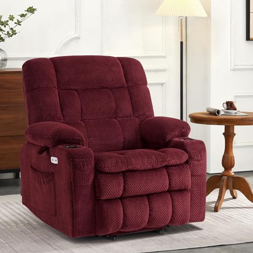 MCombo Dual Motor Power Lift Recliner Chair with Massage and Heat for Elderly People, Infinite Position, USB Ports, Cup Holders, Fabric 7890 (Medium-Regular, Burgundy)