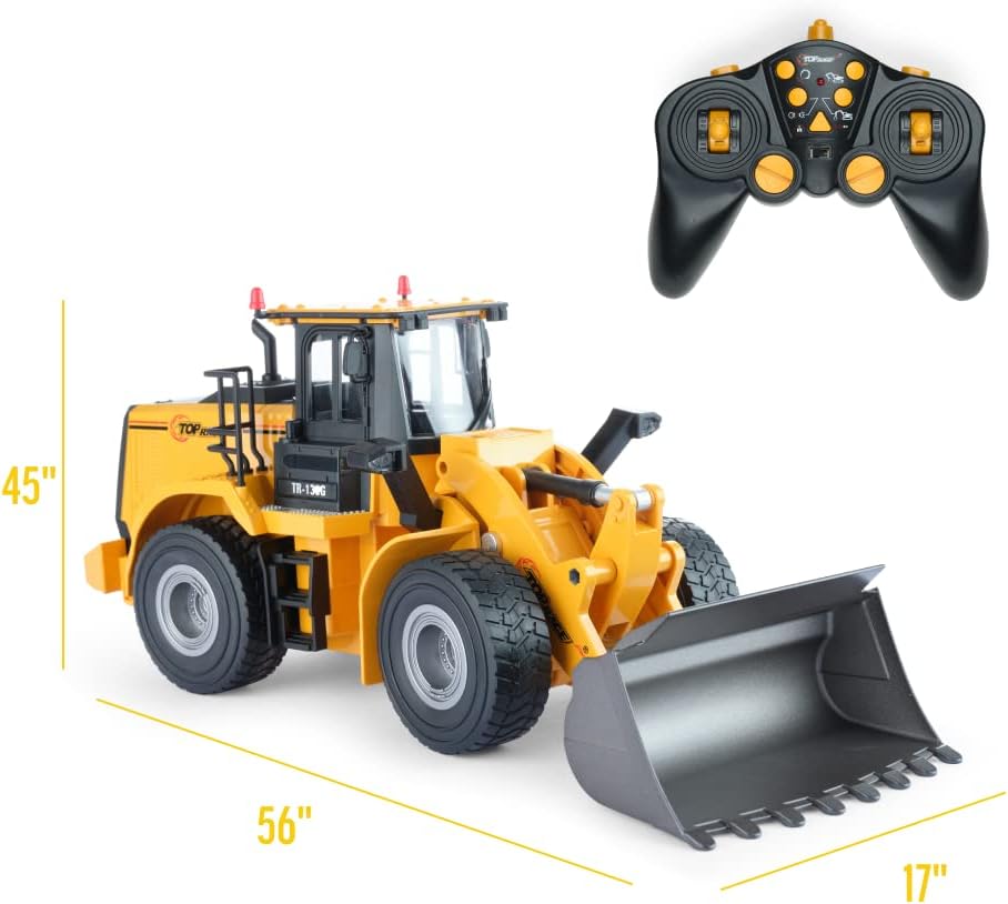 Top Race 9 Channel Toy Truck, Heavy Duty Remote Control Front Loader, RC Remote Control Construction Tractor with Lights & Sounds 2.4Ghz Metal Shovel and Parts Hobby Grade (TR-133G) Pack of 2