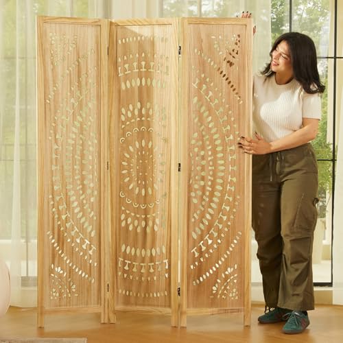 Room Divider Wood Carved Wall Divider Indoor Folding Bohemian Style Portable Partition Screen for Home Office Garden Terrace - 6 Panels (Antique, White-Washed)