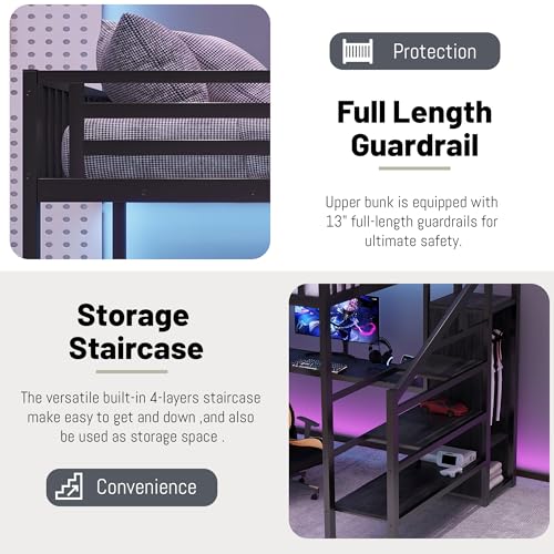 Full Size Loft Bed with Desk and Stairs,Metal Gaming Loft Bed Full with Wardrobe and Shelf, High Loft Bed with LED & USB Charging Station for Teens, Adults, Space Saving Design,Black