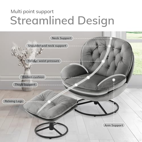 Velvet Swivel Accent Chair with Ottoman Set,Modern Lounge Chair with Footrest, Comfortable 360 Degree Swivel Armchair, Reading Chair for Living Room, Bedroom, Reading Room (gray)