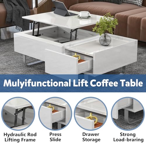 Lift Top Coffee Table with Storage & Hidden Compartment, Extendable Coffee Table with Drawer, Retro Center Table, UV High-Gloss Cocktail Table for Living Room (Black)