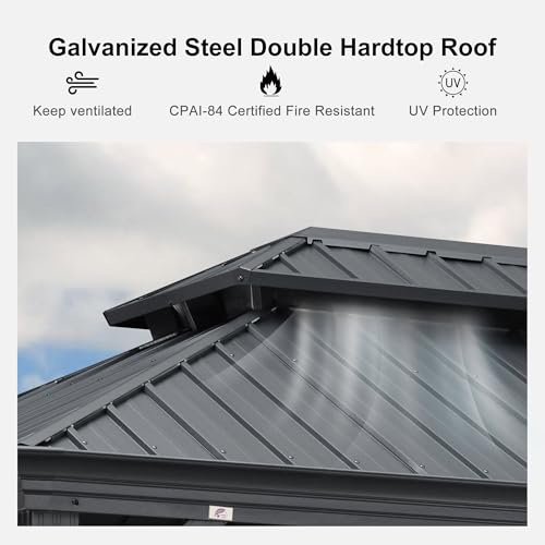 PURPLE LEAF 10' X 14' Permanent Hardtop Gazebo Aluminum Gazebo with Galvanized Steel Double Roof for Patio Lawn and Garden, Curtains and Netting Included, Grey