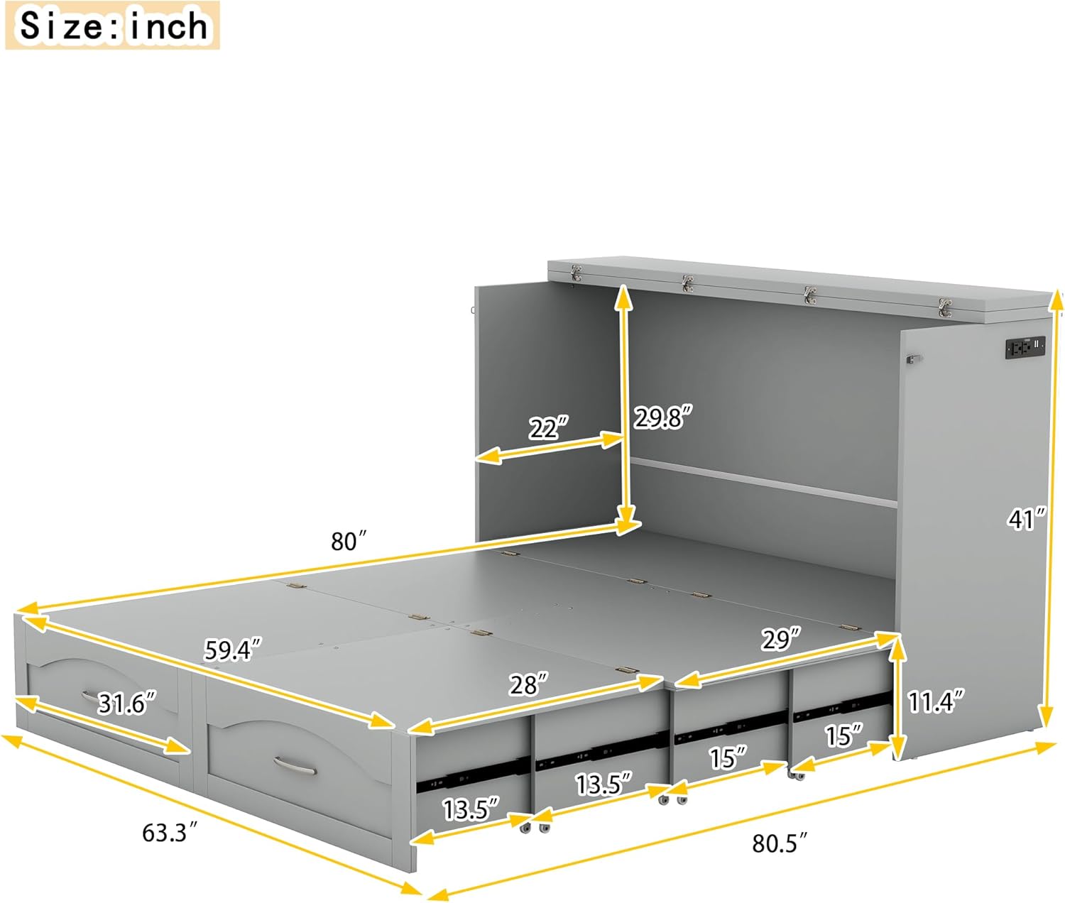 Queen Size Murphy Bed, Pulley Structure Cube Cabinet Platform Bedframe w/Storage Drawers & Sockets - USB Ports, Space-Saving Wall Bed for Guest Room, Office, No Box Spring Needed, Gray