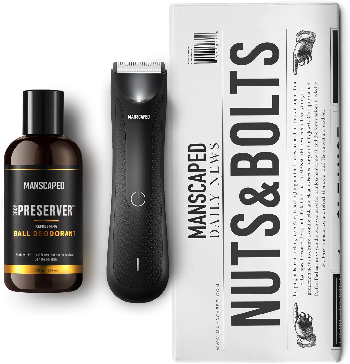 MANSCAPED™ Nuts and Bolts 3.0, Men's Grooming Kit, Includes The Lawn Mower™ 3.0 Ergonomically Designed Powerful Waterproof Trimmer, The Crop Preserver™ Ball Deodorant and Disposable Shaving Mats Pack of 2