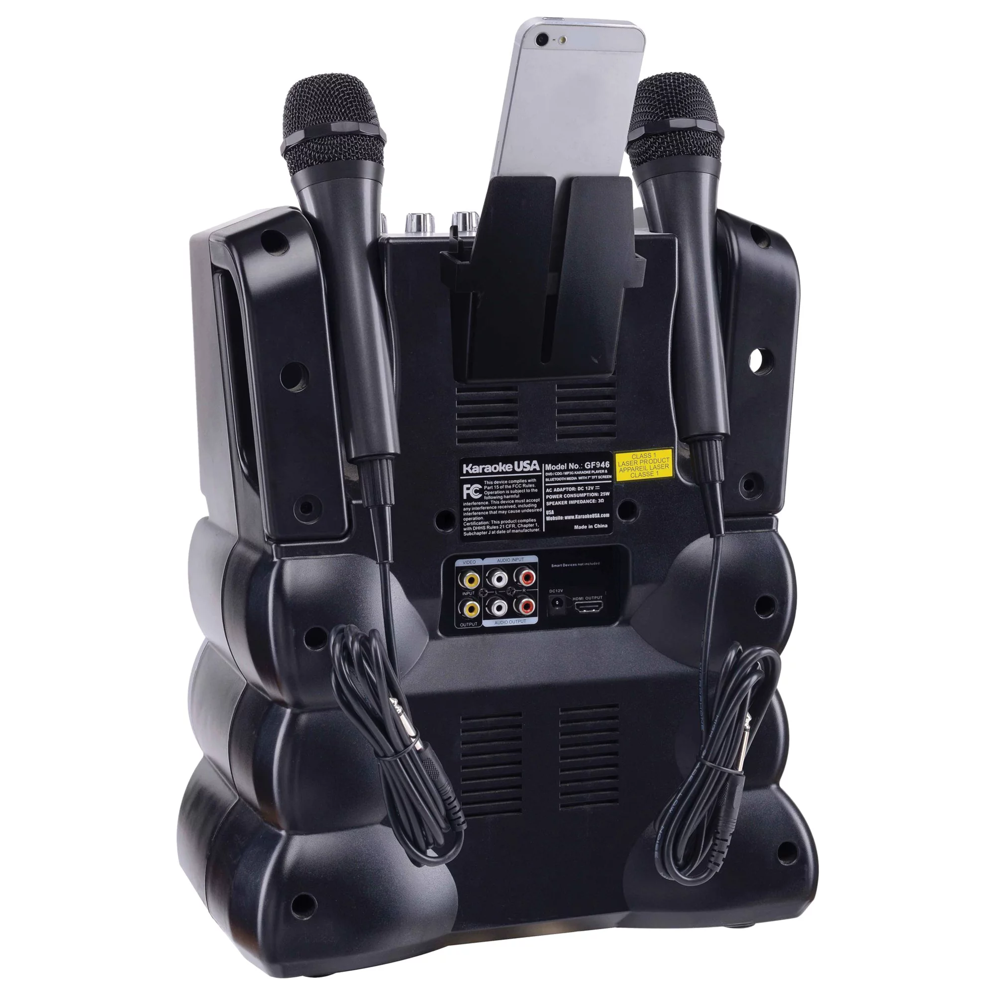 Karaoke USA DVD/CD+G/MP3+G Bluetooth 35-Watt Karaoke System with 7" TFT Digital Color Screen, LED Lights, HDMI Output and 2 Microphones, GF946