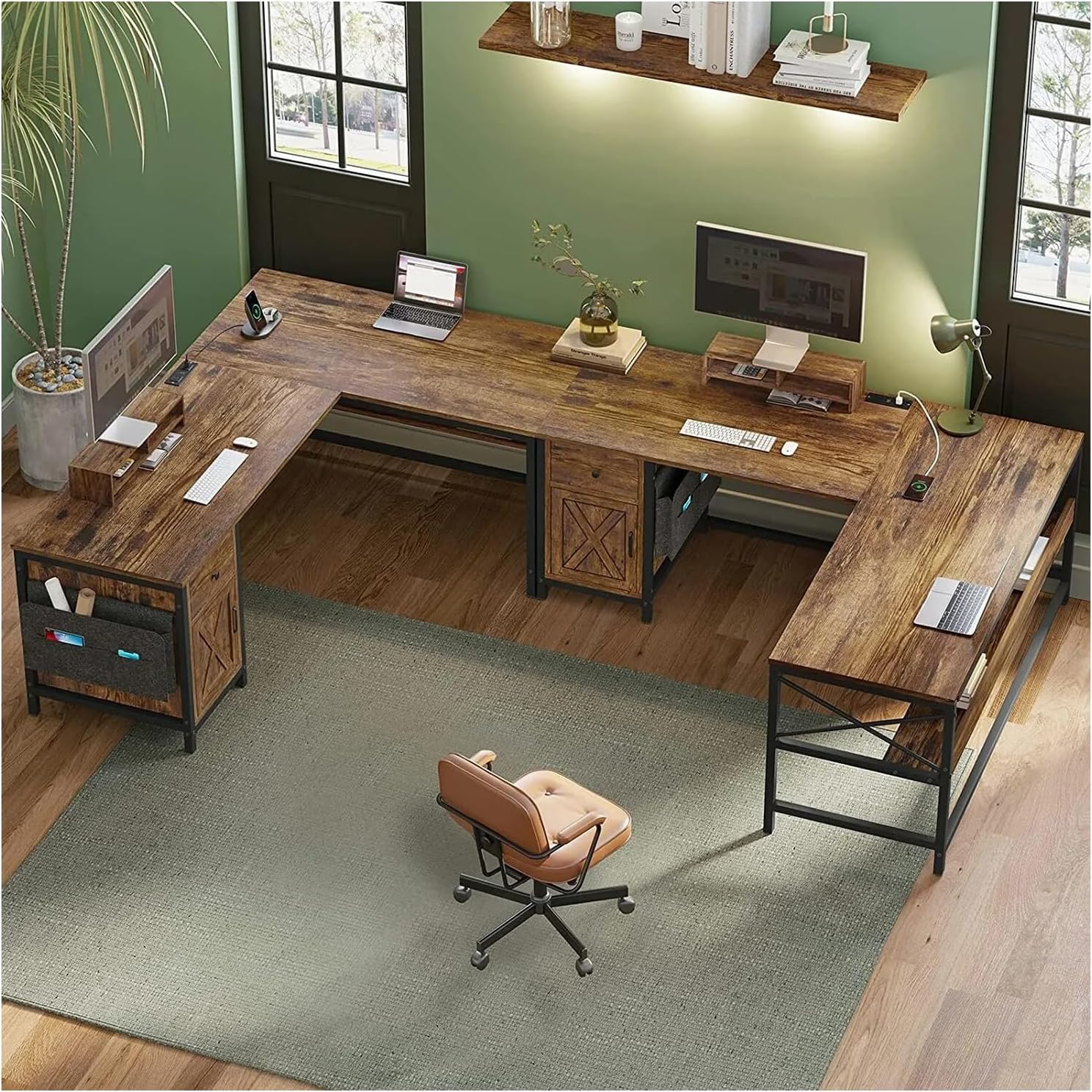 New 87 Inches Rustic Brown L Shaped Computer Desk Corner Reversible Long Home Office Table with Monitor Stand Gaming Power Outlet Shelf Shelves Storage Drawer Metal Wood Modern 86.6”L x 19.7”W x 30”H