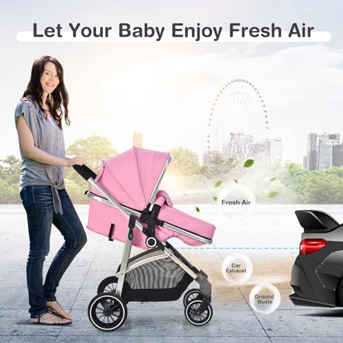 BABY JOY 2 in 1 Convertible Baby Stroller, High Landscape w/Reversible Seat, Removable Footmuff, Adjustable Backrest & Canopy, Foldable Infant Pram Stroller for 0-36 Months Babies, Pink
