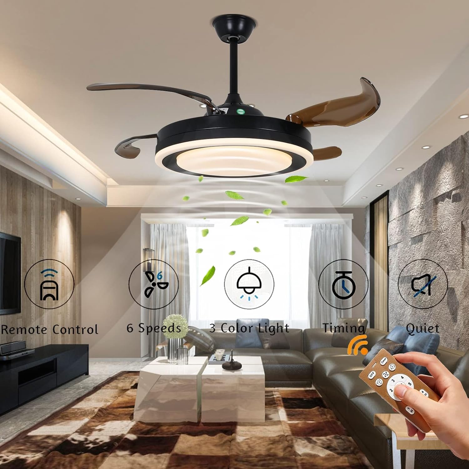 OUKANING 42 Inch Retractable Ceiling Fan, Reversible Fandelier with Lights Remote Silent Motor, 6 Speed, 3 Color Change, Timer, Chandelier for Bedroom Living Room