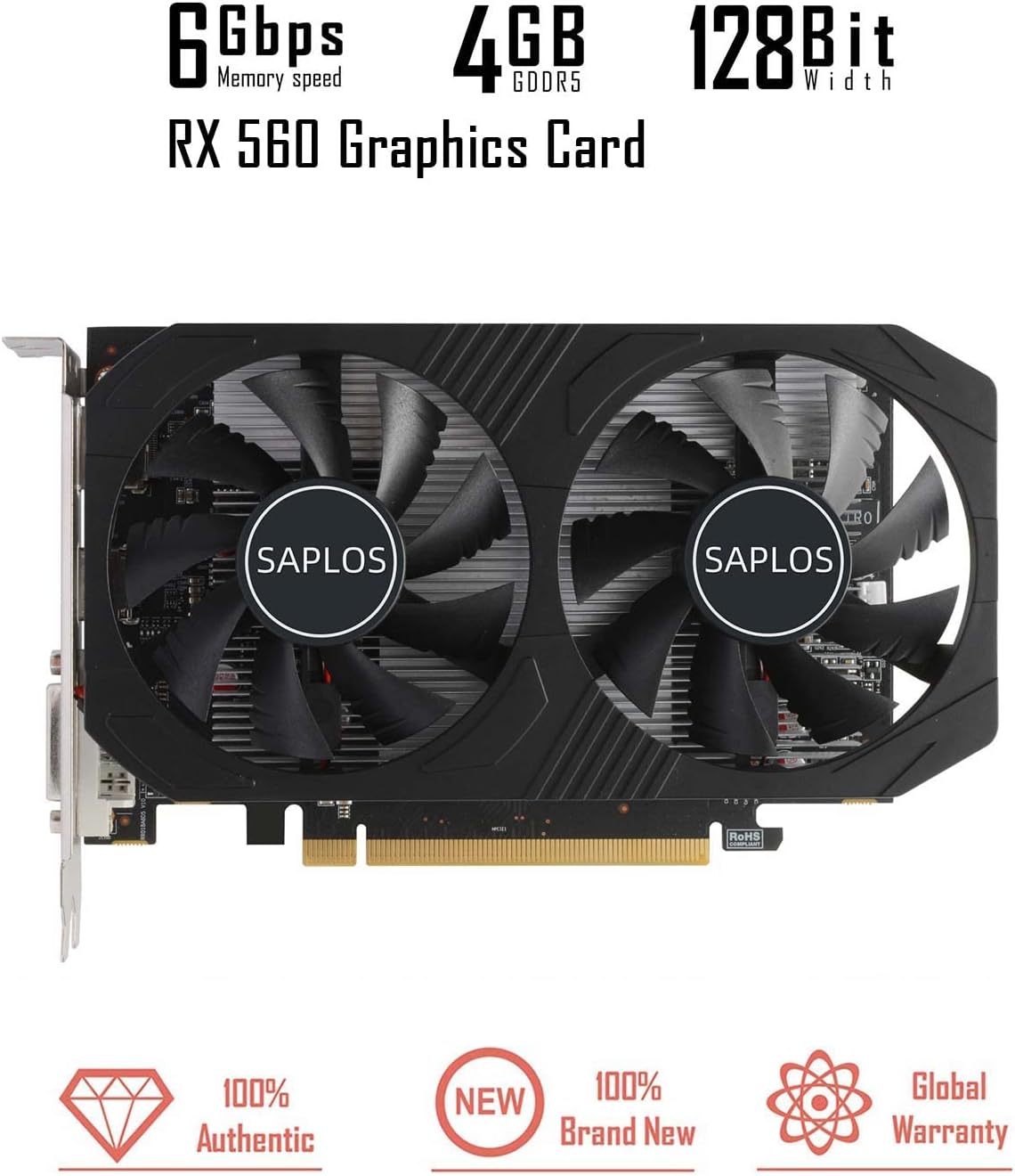 SAPLOS Radeon RX 560 Graphics Card, 4GB, GDDR5, 128 Bit, DisplayPort/HDMI/DVI-D, GPU, Computer Video Cards for Gaming PC, Dual Fans, PCI Express x 8