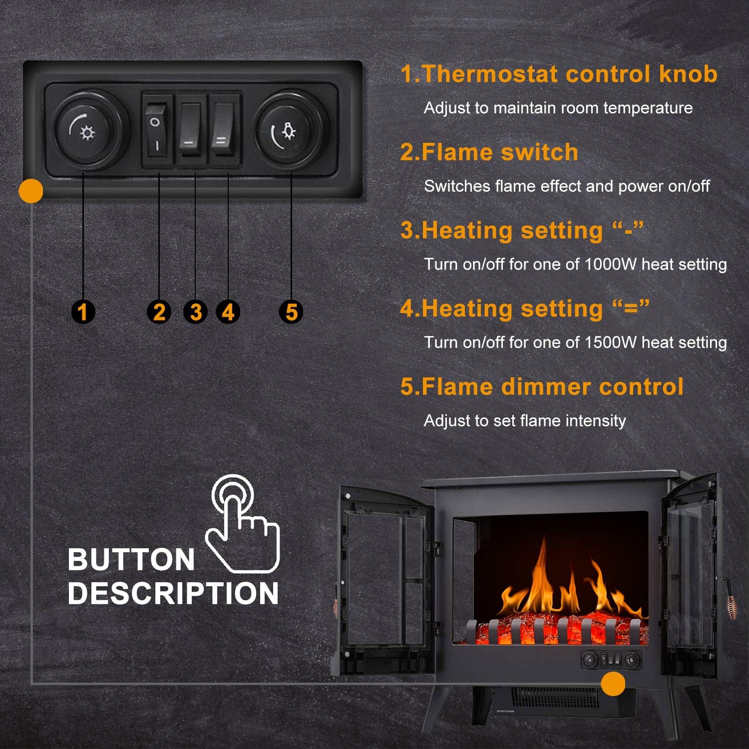 R.W.FLAME Electric Fireplace Infrared Stove Heater, 23" Freestanding Fireplace Heater, 3D Realistic Flame Effects, Adjustable Brightness and Heating Mode, Overheating Safe Design, 1000W/1500W, Black