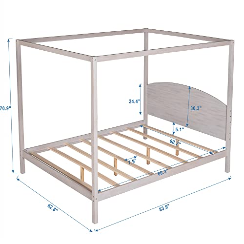 Full Size Canopy Platform Bed, Modern 4-Poster Panel Beds Frame, with Headboard and Support Legs, Noise Free/No Box Spring Needed, Grey Wash,bed frame(Brown,Full)