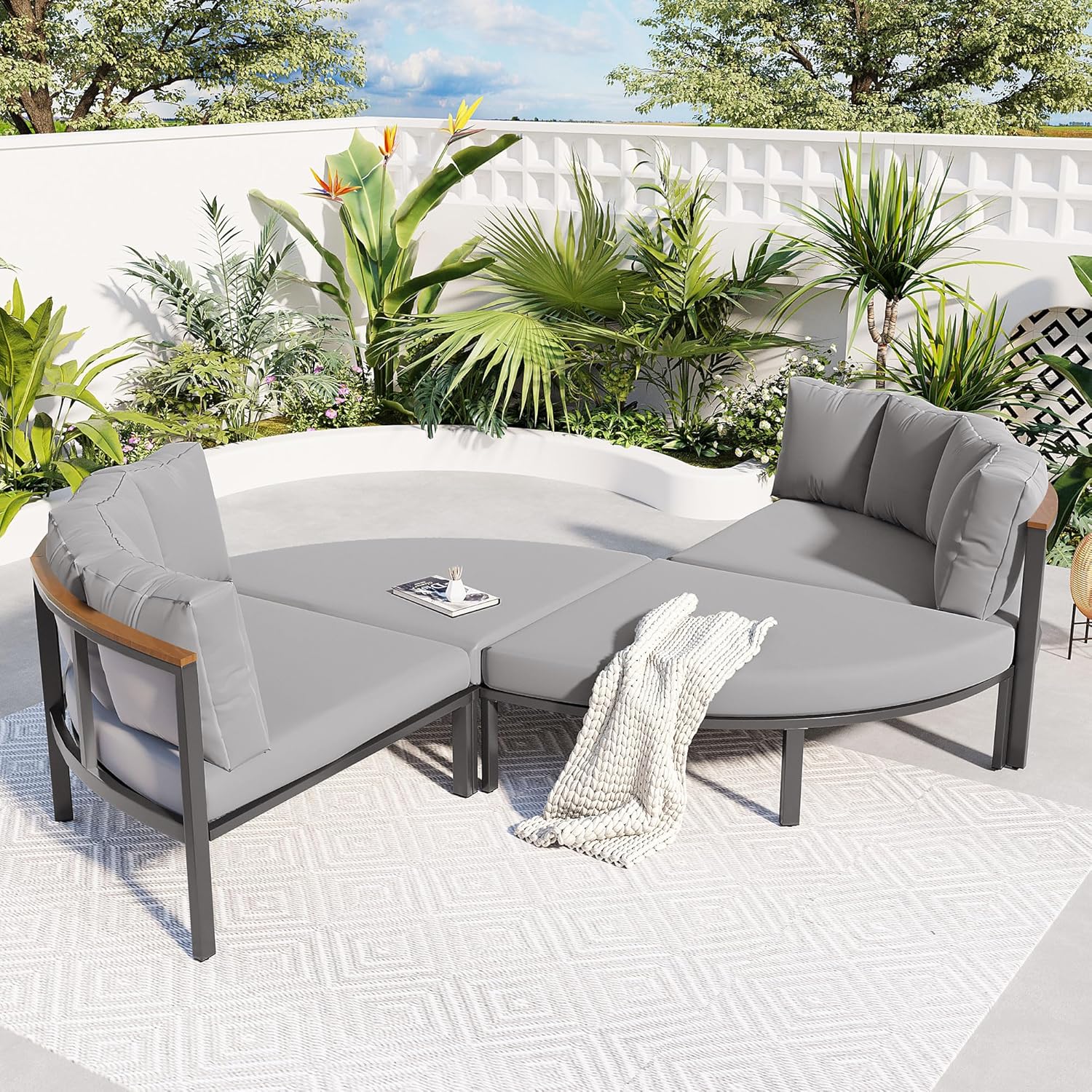 ROOMTEC Lounge Sofa Bed, U-style Sleeper Sofa Convertible Futon Couch for Outdoor Backyard,Living Room,Bedroom(Grey)