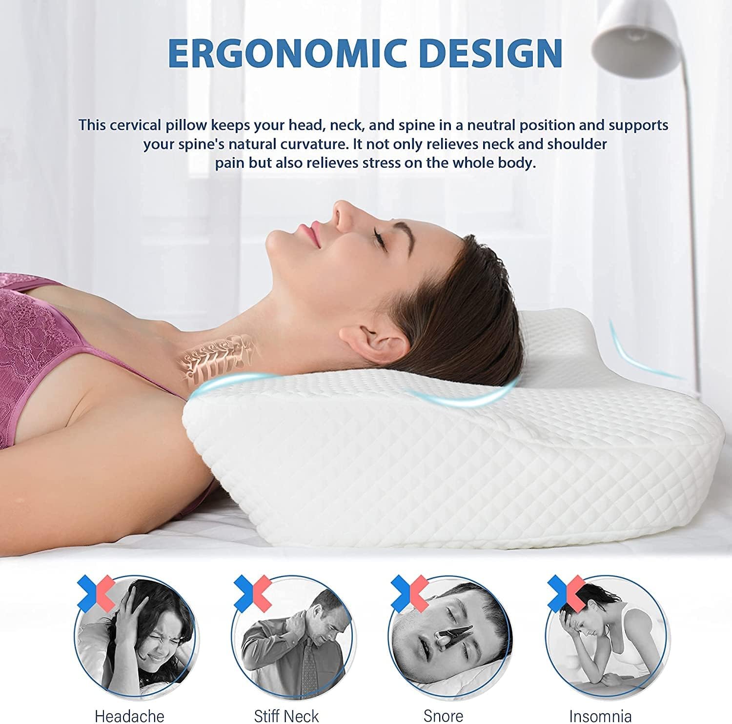 Cervical Contour Pillow for Neck and Shoulder Pain Relief - Orthopedic Ergonomic Memory Foam Pillow Neck Support Pillow with Washable Pillowcase for Side, Back and Stomach Sleepers (Standard)