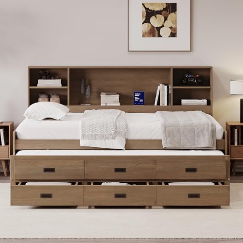 Harper & Bright Designs Full Captain’s Bed with Trundle, Drawers, Bookcase, Solid Wood Full Storage Daybed Frame for Kids Guests, No Box Spring Needed (Full Size, White)
