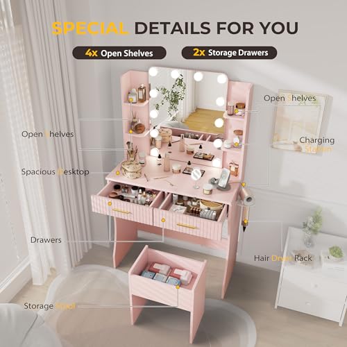 Vanity Desk with LED Lighted Mirror, Makeup Vanity with 3 Adjustable Lights, 2 Large Drawers and 4 Open Shelves, White Vanity with Storage Stool for Bedroom