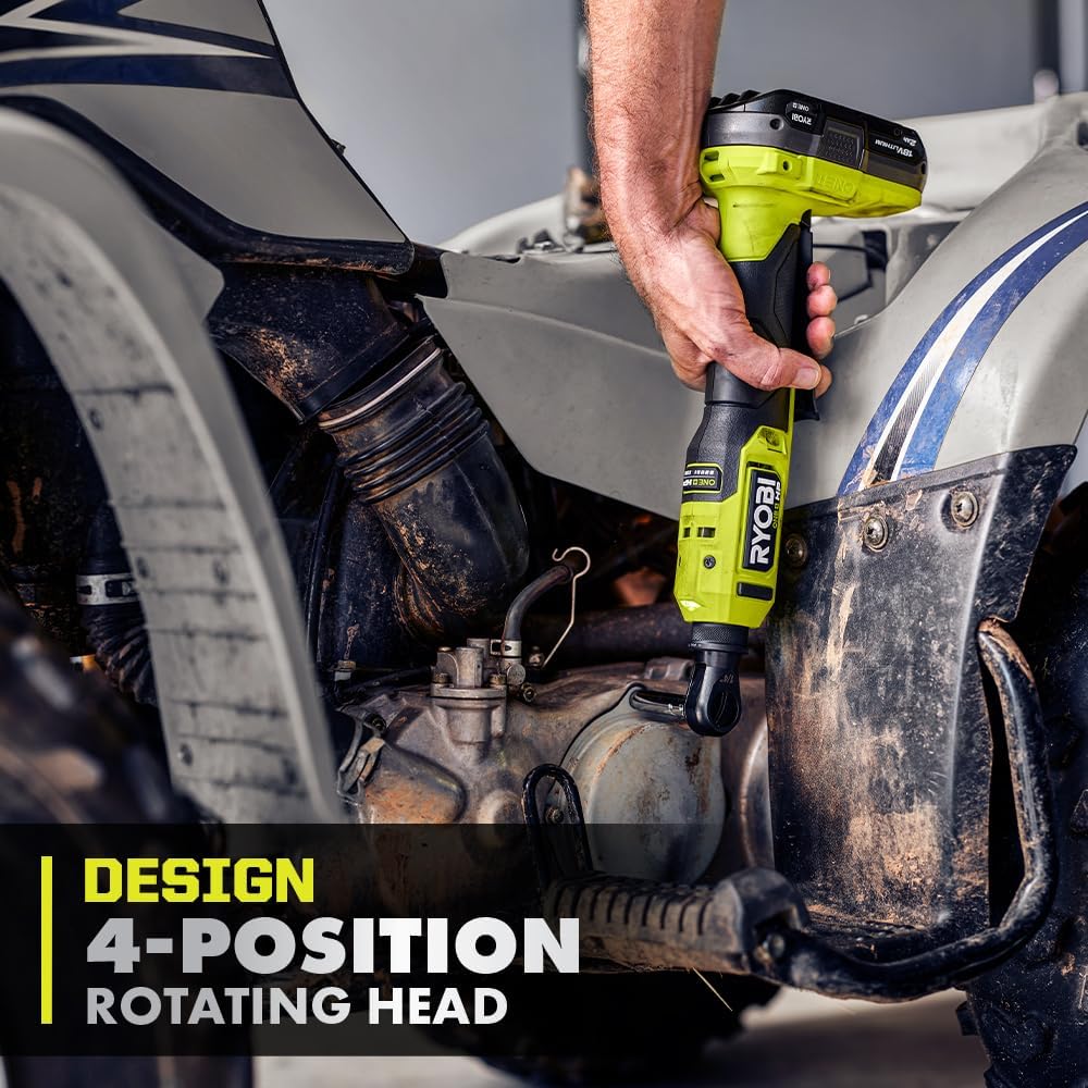 Ryobi One+ HP 18V 1/4" Brushless Cordless Compact Electric Ratchet Kit with 2.0Ah Lithium Battery and Charger, 4-Position Rotating Head, and Up to 460 RPM