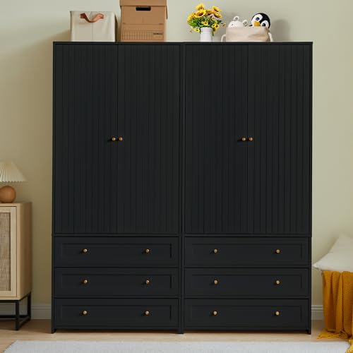 Wardrobe Closet Armoire, 71 "Wardrobe Armoire Wooden Closet with 3 Drawers, 2 Doors Household Freestanding Wooden Closet Storage Cabinet for Bedroom (Black)