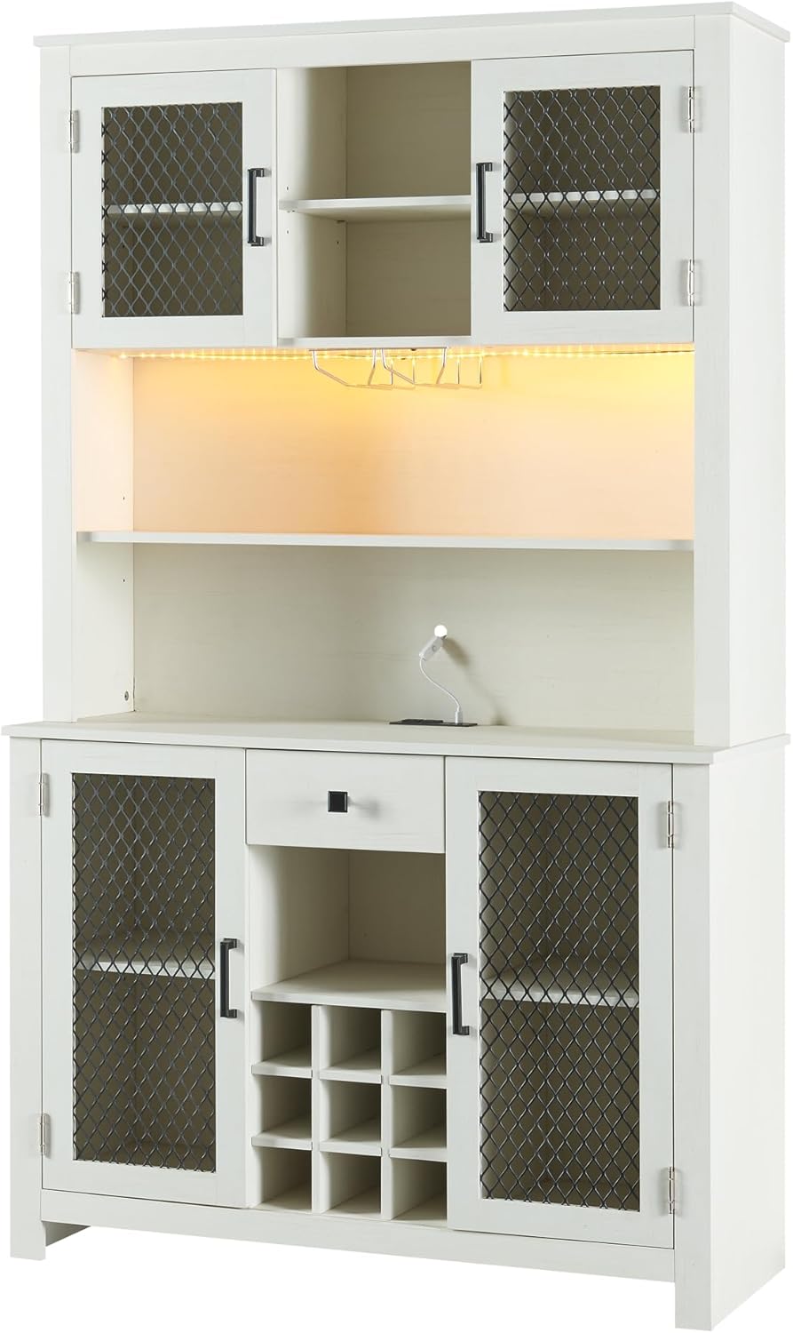 70" Storage Rustic Sideboard Buffet with LED and Outlets Food Pantry Doors and Shelves Wine Rack,Kitchen Hutch Cabinet for Dining Room, White