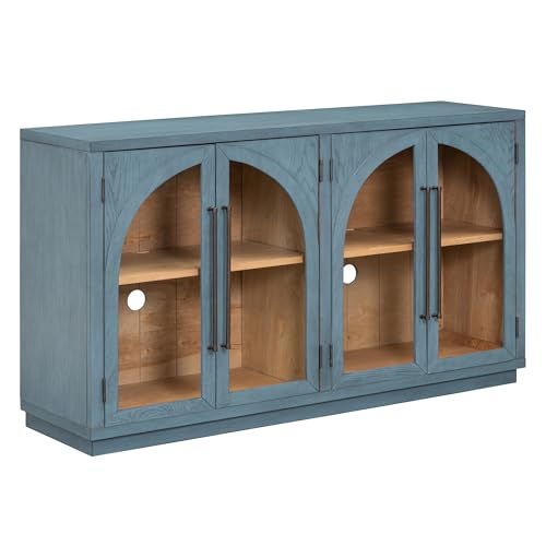 Large Sideboard Cabinet Retro Buffet Cabinet with 4 Glass Doors and Arched Design, Kitchen Cupboard Storage Cabinet for Dining Room Living Room, Black
