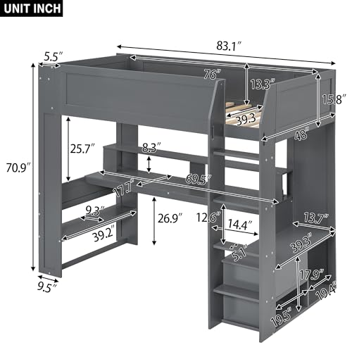 Wood Twin Size Gaming Loft Bed with Desk, Multi-Storage Shelves, LED and Charging Station，Suit High Loft Bed Frame with Bookshelf for Kids Teens Adults, (Dark Gray)