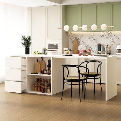 ECACAD 80.7" Kitchen Island with Storage, Wood Kitchen Prep Table White Stationery Storage Cabinet with 3 Drawers, Open Shelves & 2 Cabinets for Dining Room