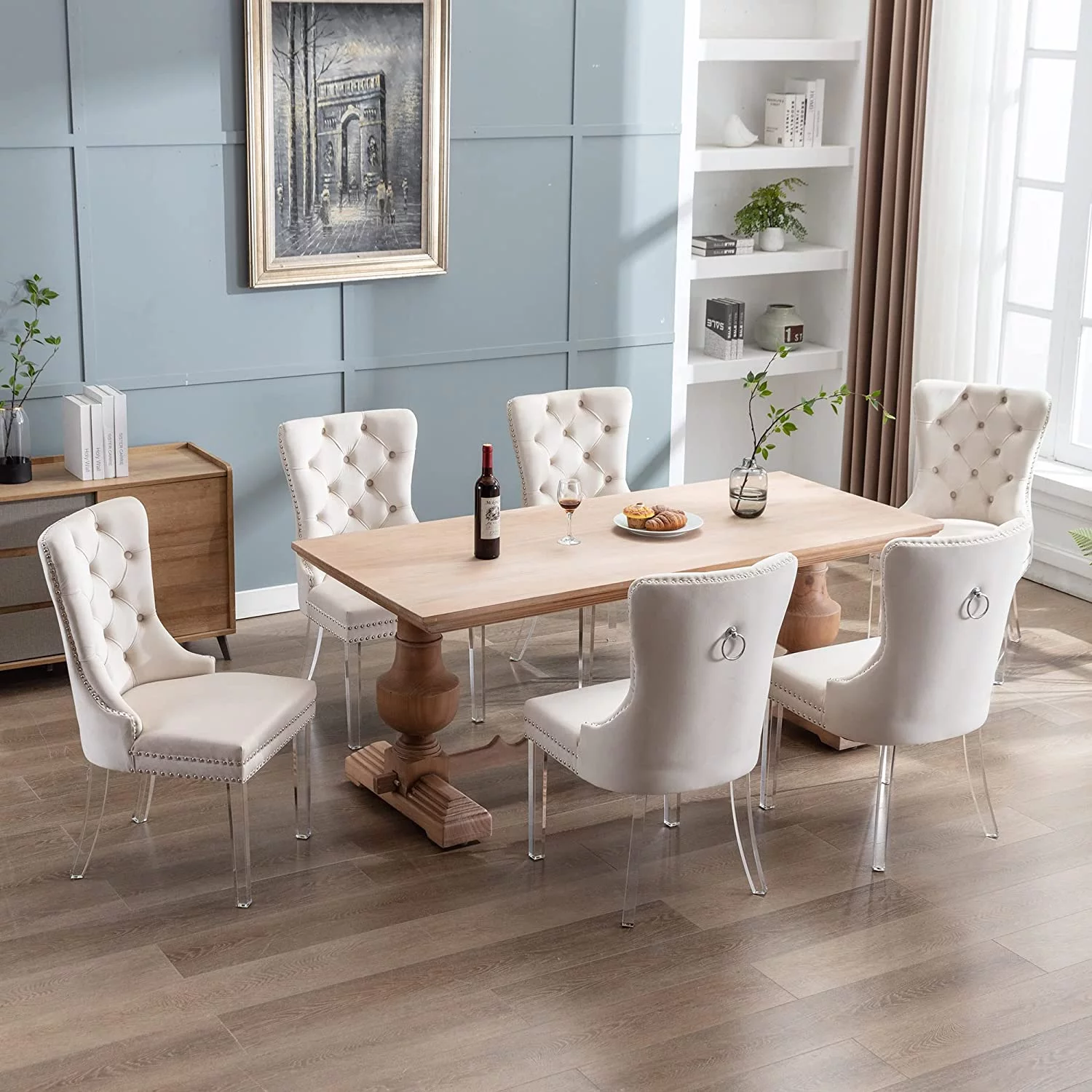 Velvet Dining Chairs Set of 2, Upholstered High-end Tufted Dining Room Chair with Nailhead Back Ring Pull Trim Solid Acrylic Legs,  Nikki Collection Modern Style for Kitchen, Beige