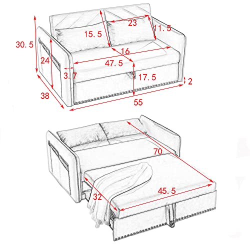 3-in-1 Versatile Velvet Sofa, Convertible Sleeper Sofa Bed with Pullout Bed, Comfy Loveseat with 2 Lumbar Pillows and Side Pocket, for Living Room Bedroom (Green)