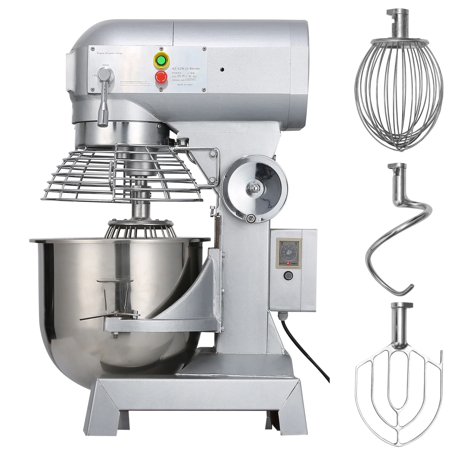 SKYSHALO Commercial Food Mixer 20Qt 750W 3 Speeds Adjustable 105 180 and 408 RPM Food Processor Heavy Duty with Stainless Steel Bowl Dough Hooks Whisk Beater for Schools Bakeries Restaurants Pizzeria