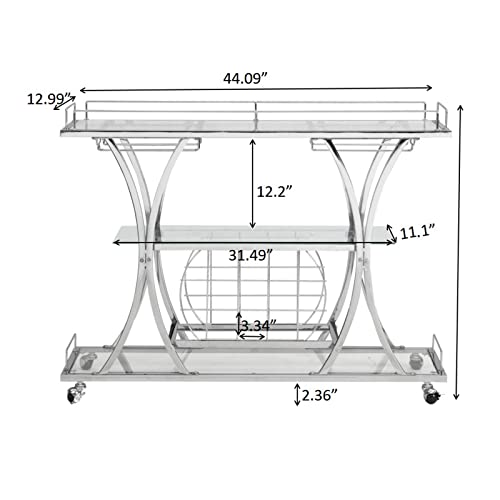 Silver Bar Cart, Rolling Liquor Serving Cart, 3-Tier Liquor Kitchen Tea Trolley with Wine Rack & Glass Holder Metal Frame,Mobile Bar Carts for The Home