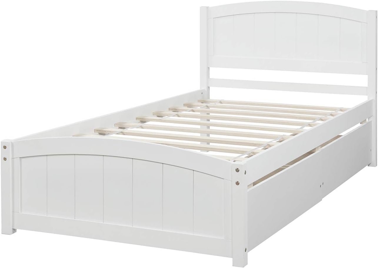 Harper & Bright Designs Twin Platform Bed with Storage Drawers, Solid Wooden Twin Size Bed Frame with Headboard for Kids, Teen, Adults, No Box Spring Needed (Twin, White)