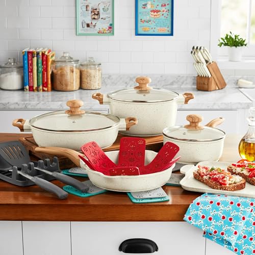 The Pioneer Womans 14-Piece Cast Aluminum Cookware Set with Nonstick Coating, Charcoal Speckle - Durable and Stylish Cookware Collection (Teal Speckle)