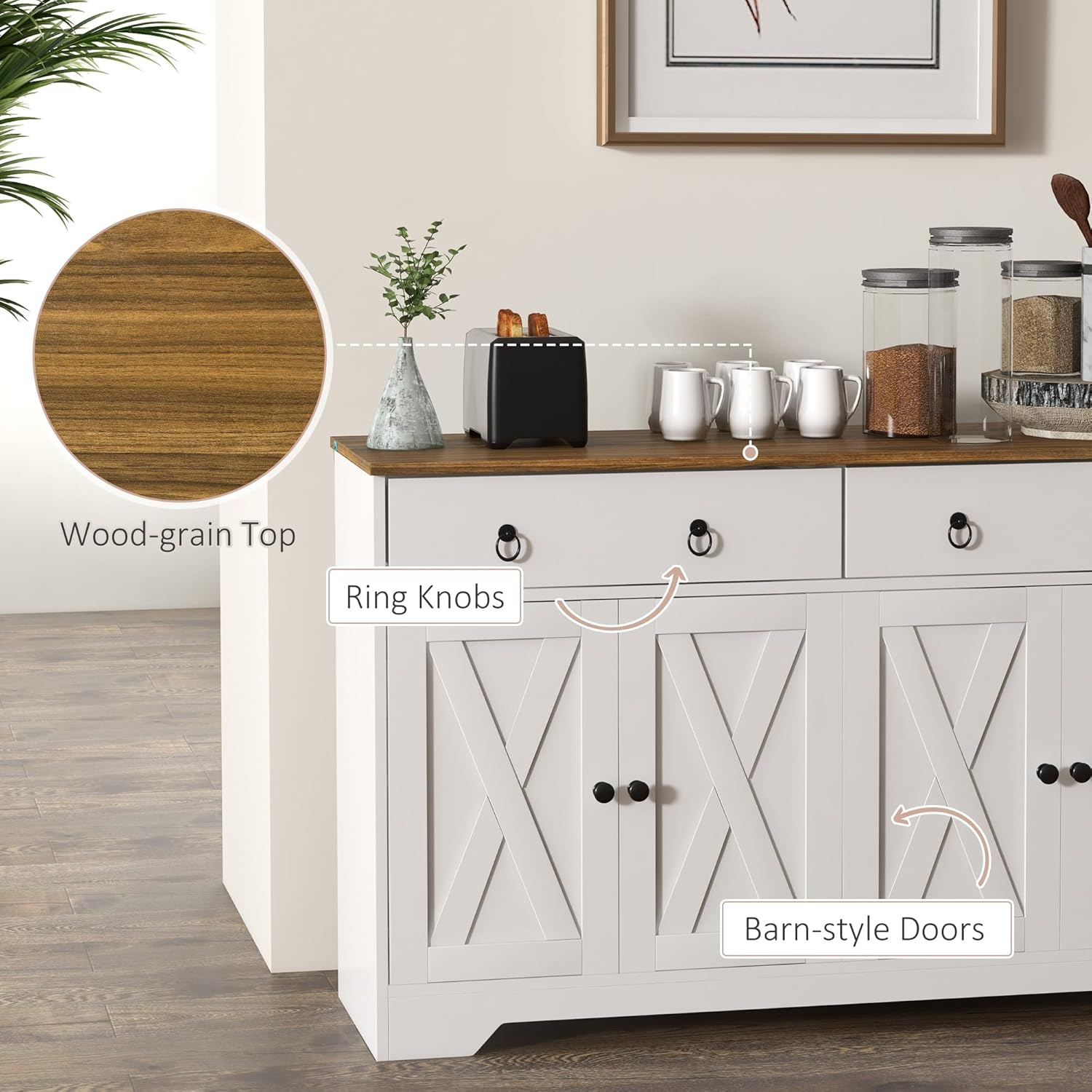 HOMCOM Sideboard Buffet Cabinet with Storage, 48" Kitchen Storage Cabinet with 2 Drawers and 4 Barn Doors, Farmhouse Coffee Bar Cabinet, Buffet Table with Wood Grain Top, White