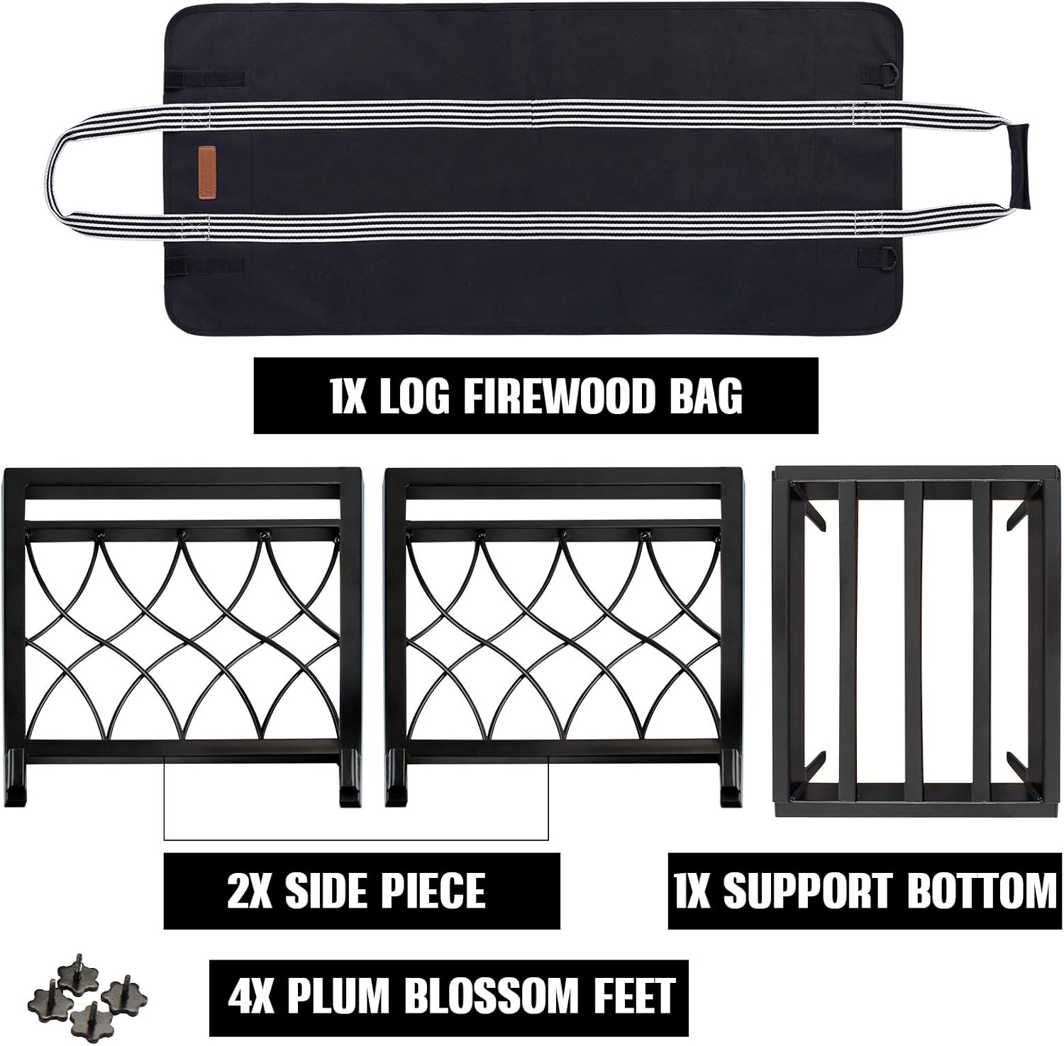 MYFIREPLACEDIRECT Firewood Rack with Log Bag 19 Inch Fireplace Log Holder Indoor Indoor/Outdoor Wood Storage Log Rack Decorative Heavy Duty Steel Firewood Carrier Stove Stacking Rack…